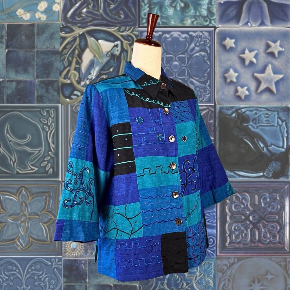 VTG Women’s Patchwork Jacket Size M Blue Purple Embroidered Boho Whimsygoth